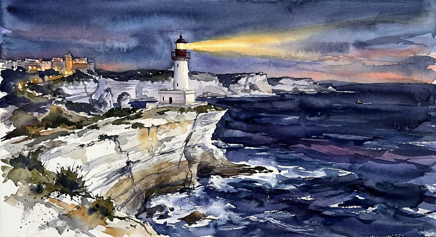 Aquarelle du phare de Bonifacio, son faisceau balayant la mer